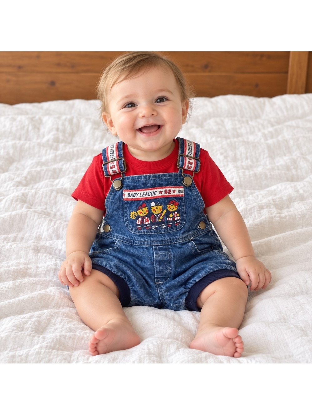 Vintage Baby Denim Shortalls Baseball Bears Baby League 52 Size 6–9 Months